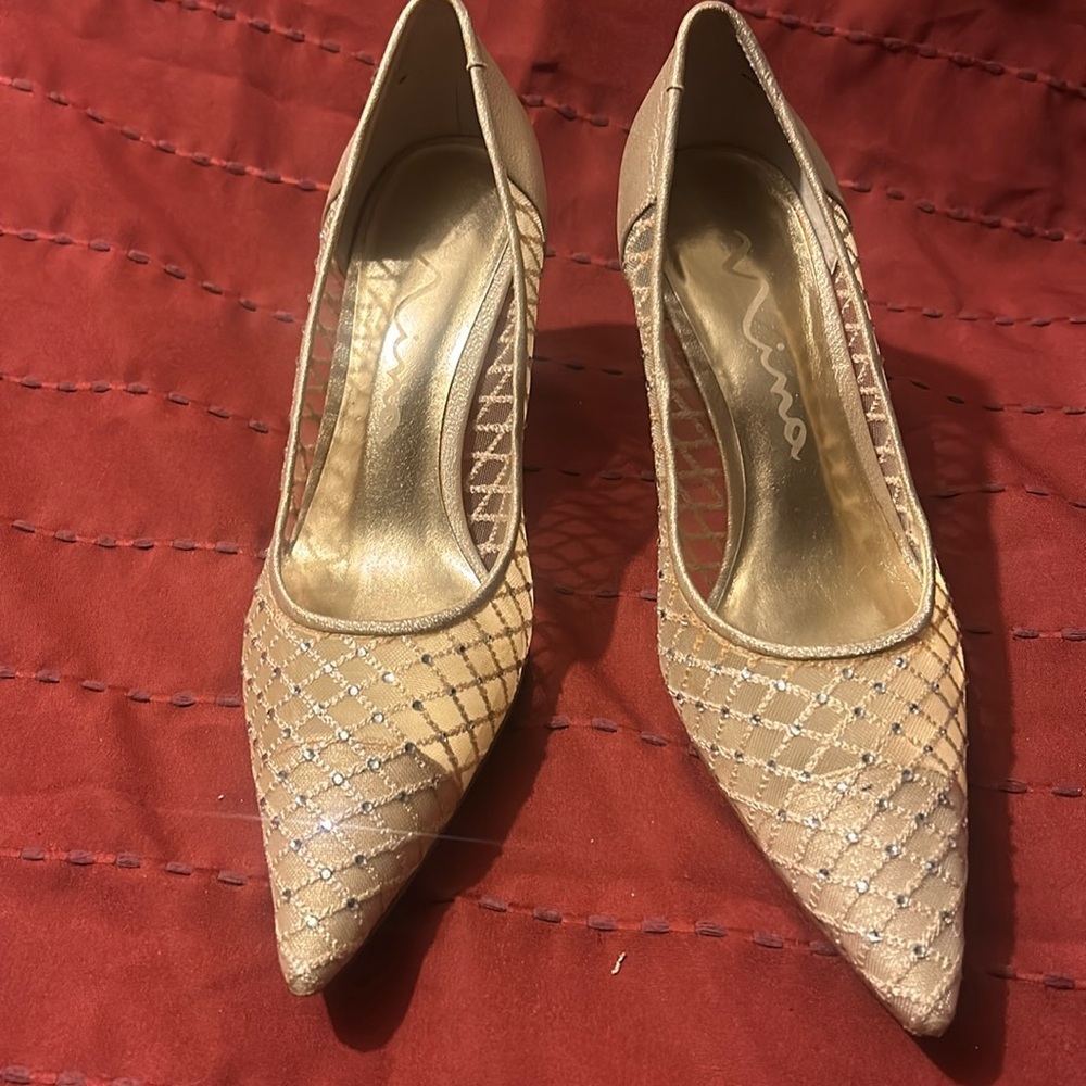 Leather sole gold mesh with silver spotted rhinestones